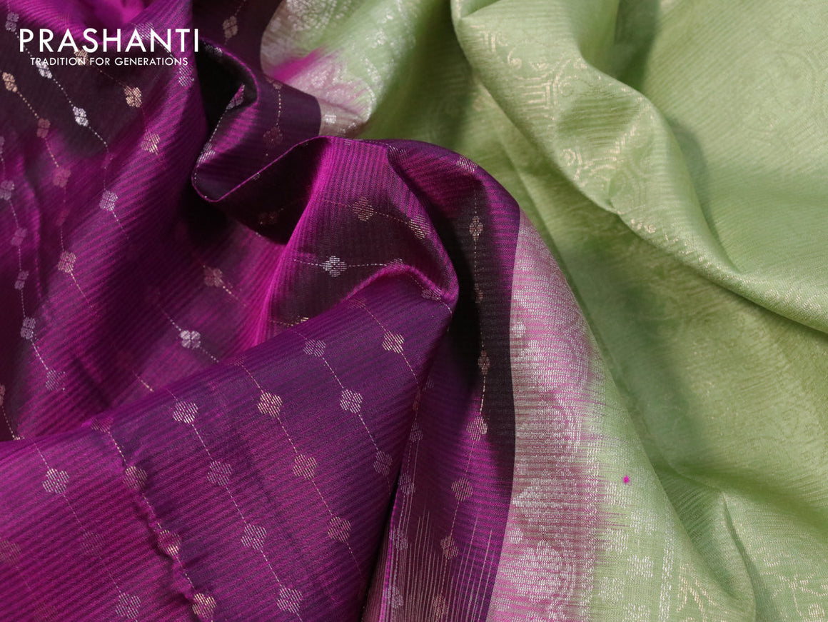 Pure soft silk saree purple and pastel green with allover silver & gold zari weaves and rettapet silver zari woven border