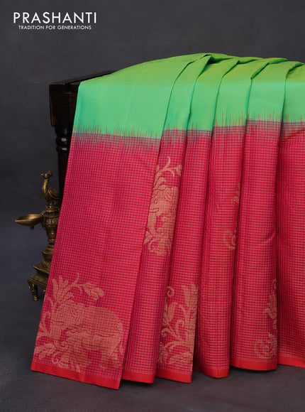 Pure soft silk saree dual shade of green and dual shade of pinkish orange with plain body and long zari checked butta border