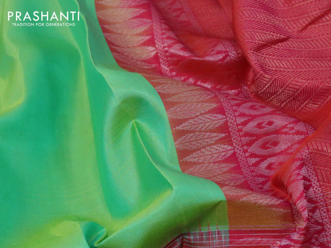 Pure soft silk saree dual shade of green and dual shade of pinkish orange with plain body and long zari checked butta border