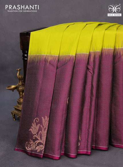 Pure soft silk saree lime yellow and purple with plain body and long zari checked butta border