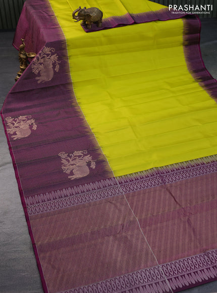 Pure soft silk saree lime yellow and purple with plain body and long zari checked butta border