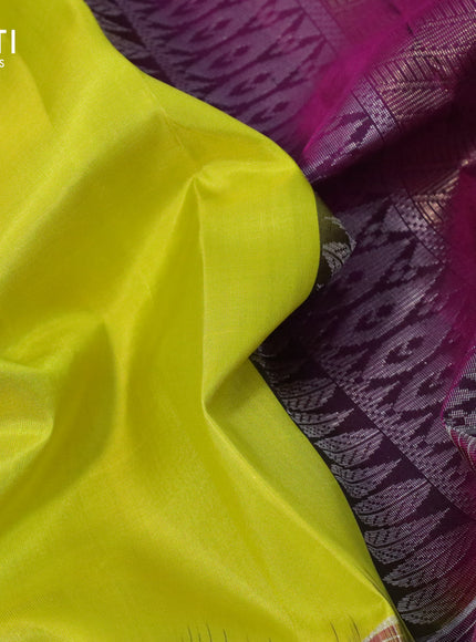 Pure soft silk saree lime yellow and purple with plain body and long zari checked butta border