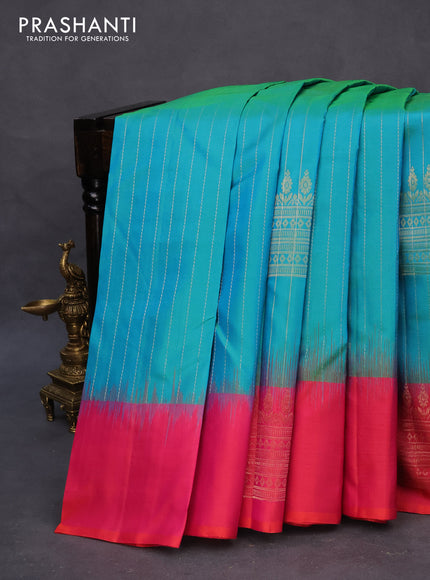 Pure soft silk saree dual shade of teal blue and dual shade of pinkish orange with allover zari weaves and silver zari woven border