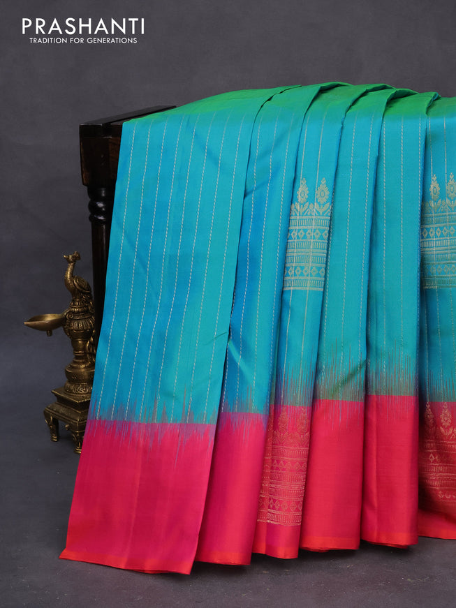 Pure soft silk saree dual shade of teal blue and dual shade of pinkish orange with allover zari weaves and silver zari woven border