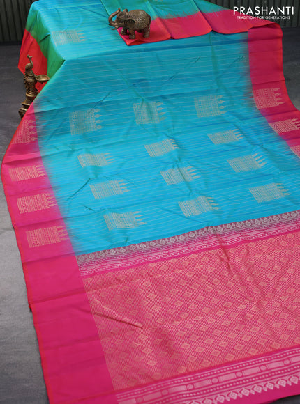 Pure soft silk saree dual shade of teal blue and dual shade of pinkish orange with allover zari weaves and silver zari woven border