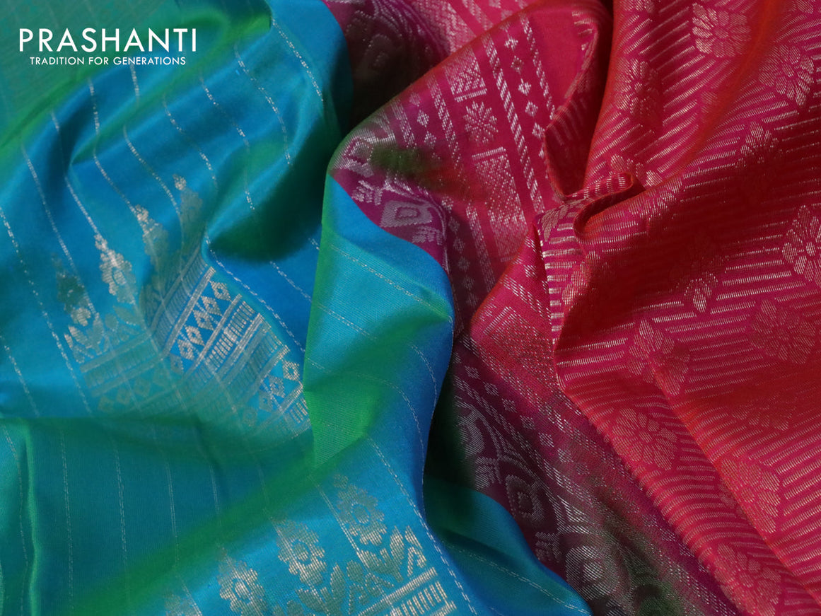 Pure soft silk saree dual shade of teal blue and dual shade of pinkish orange with allover zari weaves and silver zari woven border