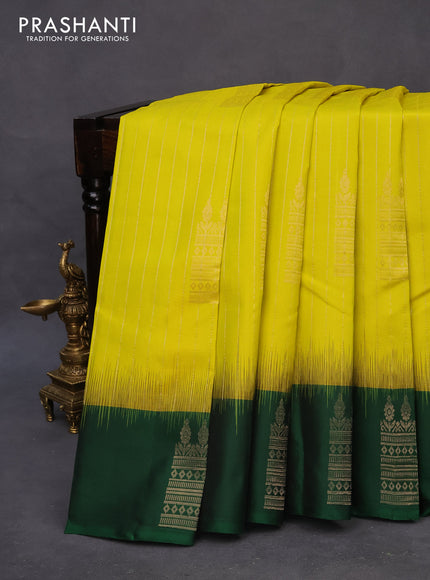 Pure soft silk saree lime yellow and green with allover zari weaves and silver zari woven border