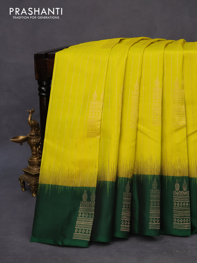 Pure soft silk saree lime yellow and green with allover zari weaves and silver zari woven border