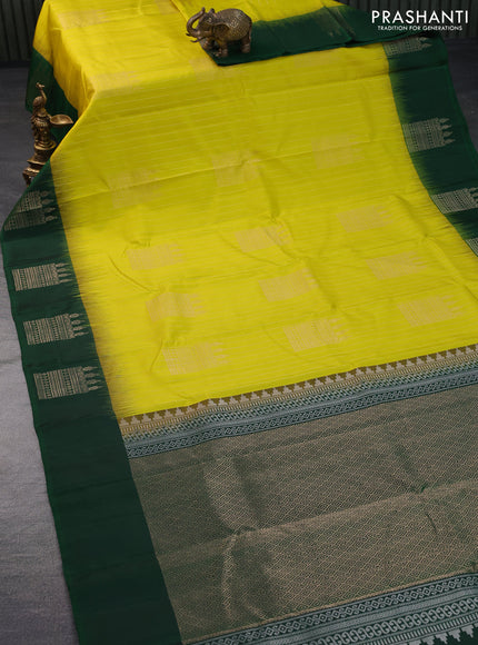 Pure soft silk saree lime yellow and green with allover zari weaves and silver zari woven border