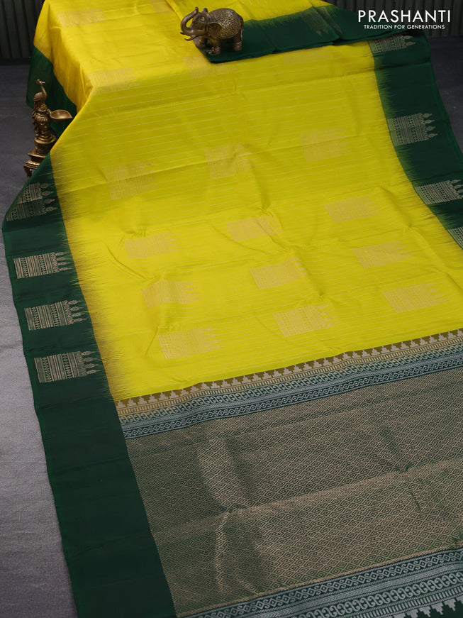 Pure soft silk saree lime yellow and green with allover zari weaves and silver zari woven border