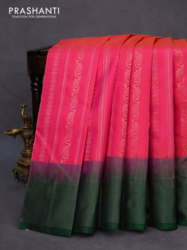 Pure soft silk saree dual shade of pink and green with allover zari weaves and silver zari woven border