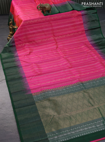 Pure soft silk saree dual shade of pink and green with allover zari weaves and silver zari woven border