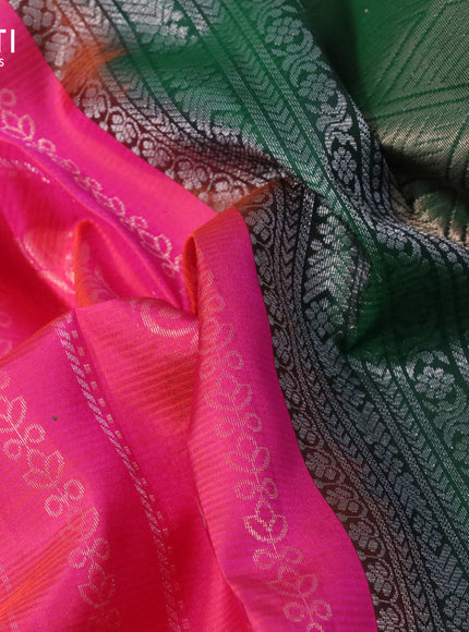 Pure soft silk saree dual shade of pink and green with allover zari weaves and silver zari woven border