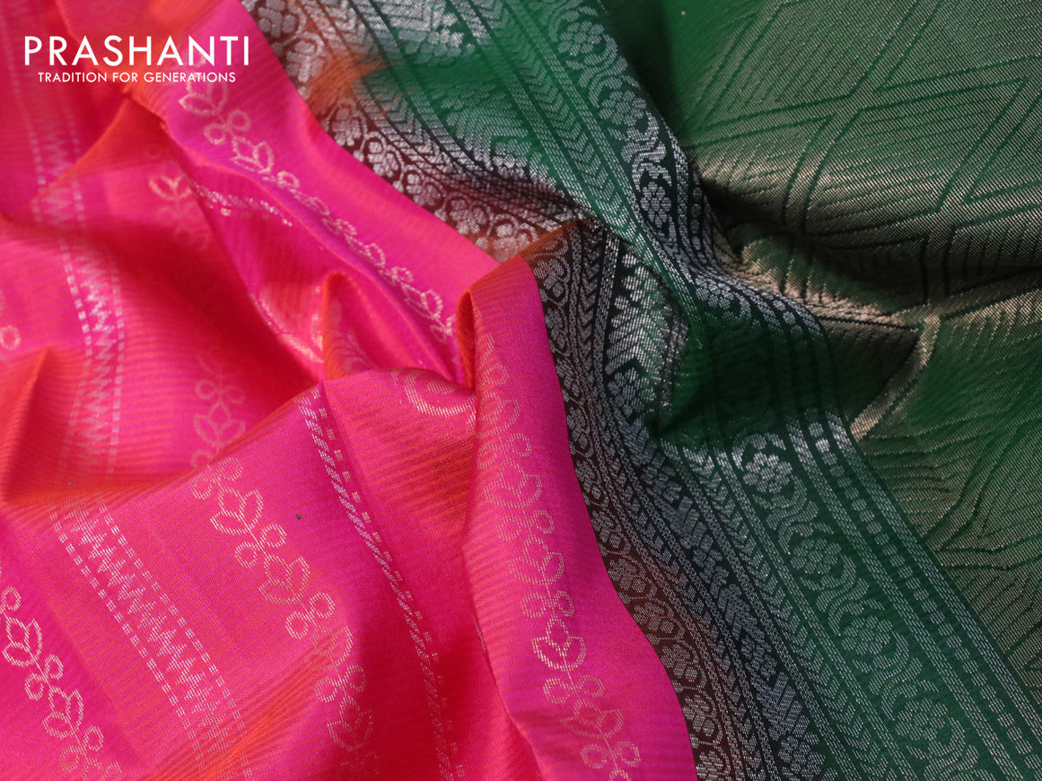 Pure soft silk saree dual shade of pink and green with allover zari weaves and silver zari woven border