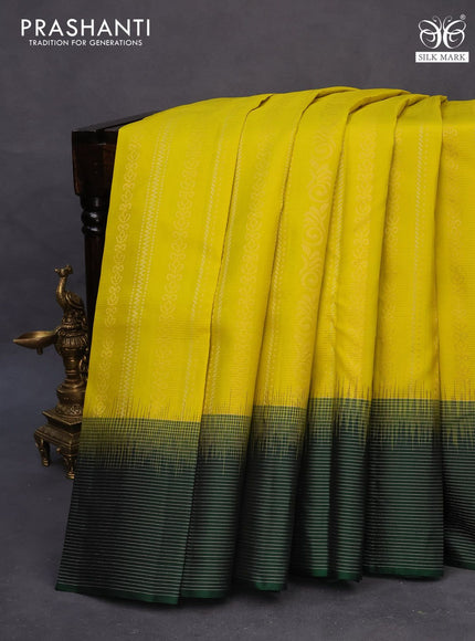 Pure soft silk saree yellow and green with allover zari weaves and silver zari woven border