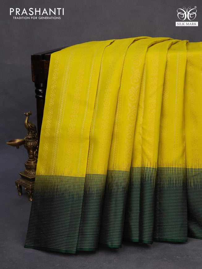 Pure soft silk saree yellow and green with allover zari weaves and silver zari woven border