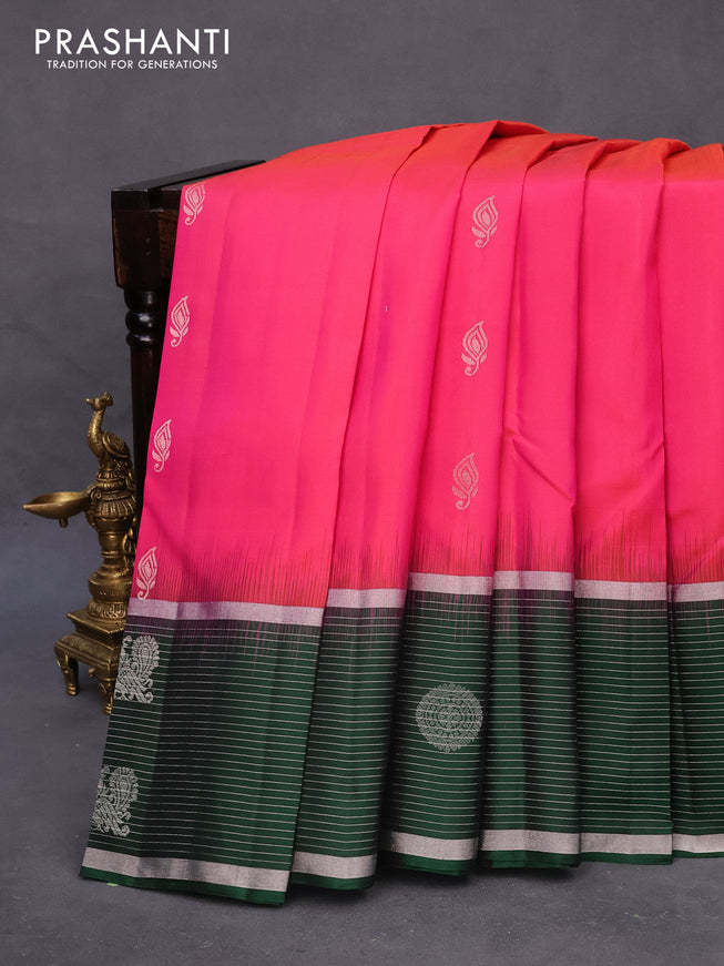 Pure soft silk saree pink and green with silver zari woven buttas and long silver zari woven butta border