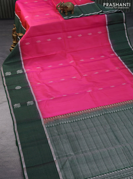 Pure soft silk saree pink and green with silver zari woven buttas and long silver zari woven butta border