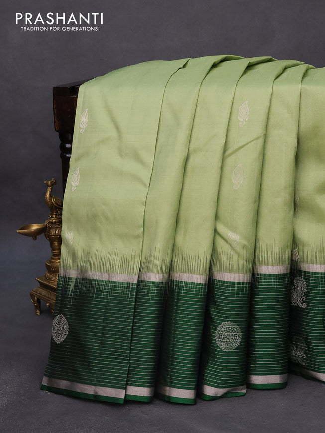 Pure soft silk saree pastel green and green with silver zari woven buttas and long silver zari woven butta border