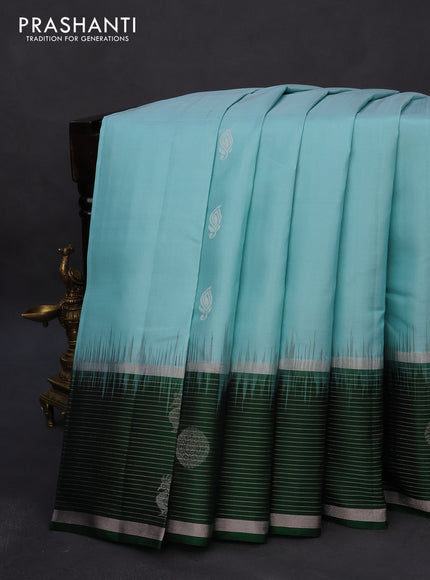 Pure soft silk saree light blue and dark green with silver zari woven buttas and long silver zari woven butta border