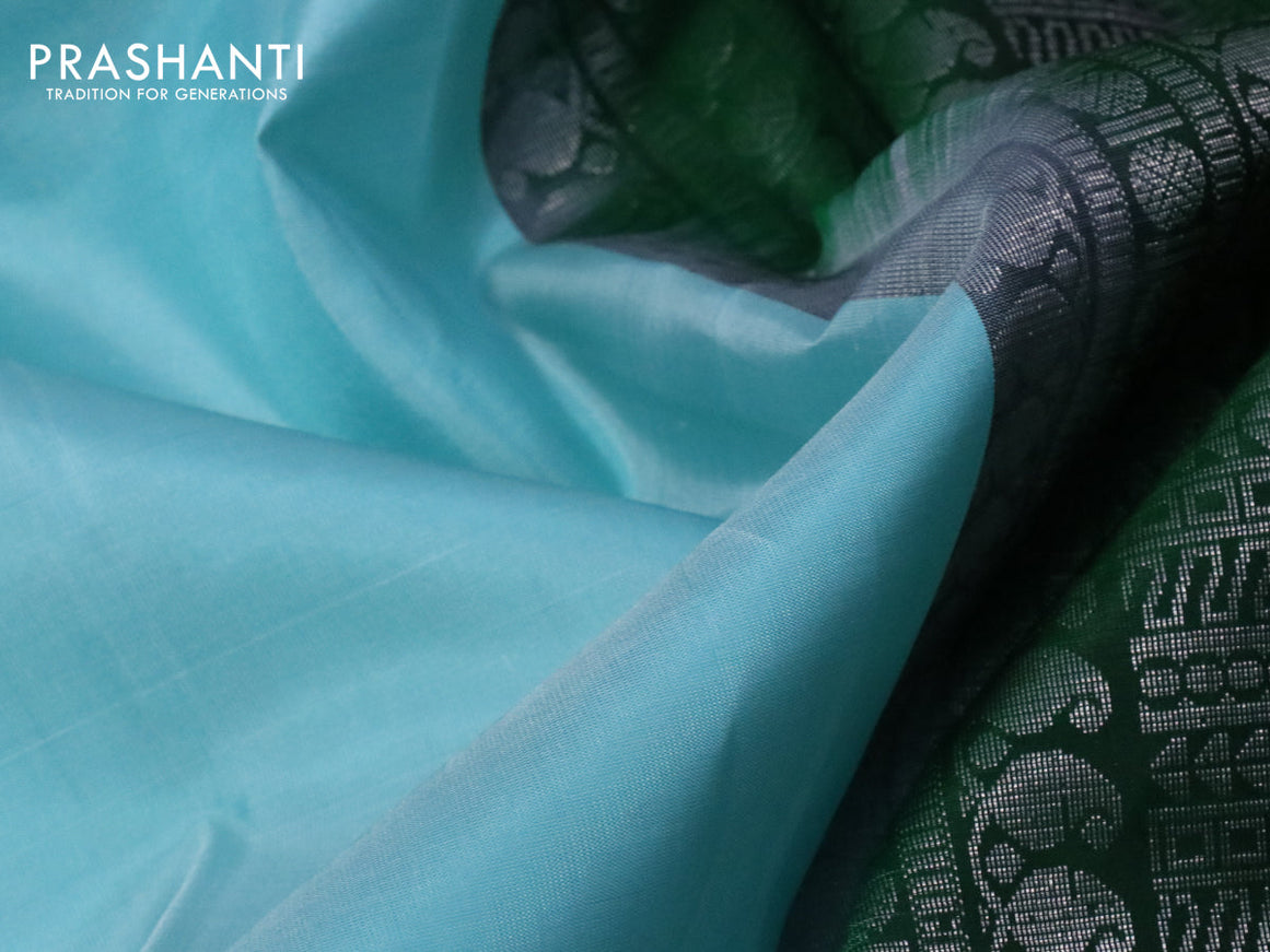 Pure soft silk saree light blue and dark green with silver zari woven buttas and long silver zari woven butta border