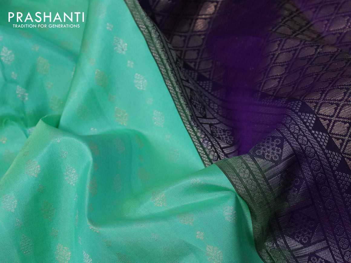 Pure soft silk saree teal green shade and violet with allover silver & gold zari woven butta weaves and long rettapet zari woven border