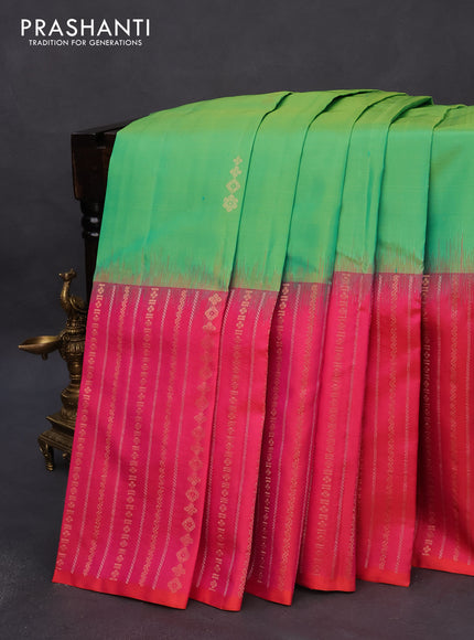 Pure soft silk saree dual shade of light green and dual shade of pinkish orange with zari woven buttas and long zari woven border