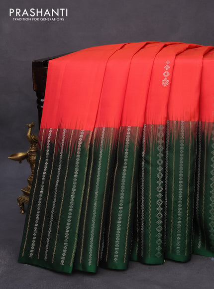 Pure soft silk saree pinkish orange and dark green with zari woven buttas and long zari woven border