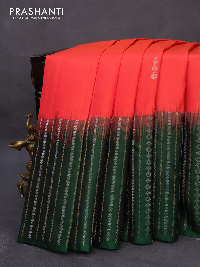 Pure soft silk saree pinkish orange and dark green with zari woven buttas and long zari woven border