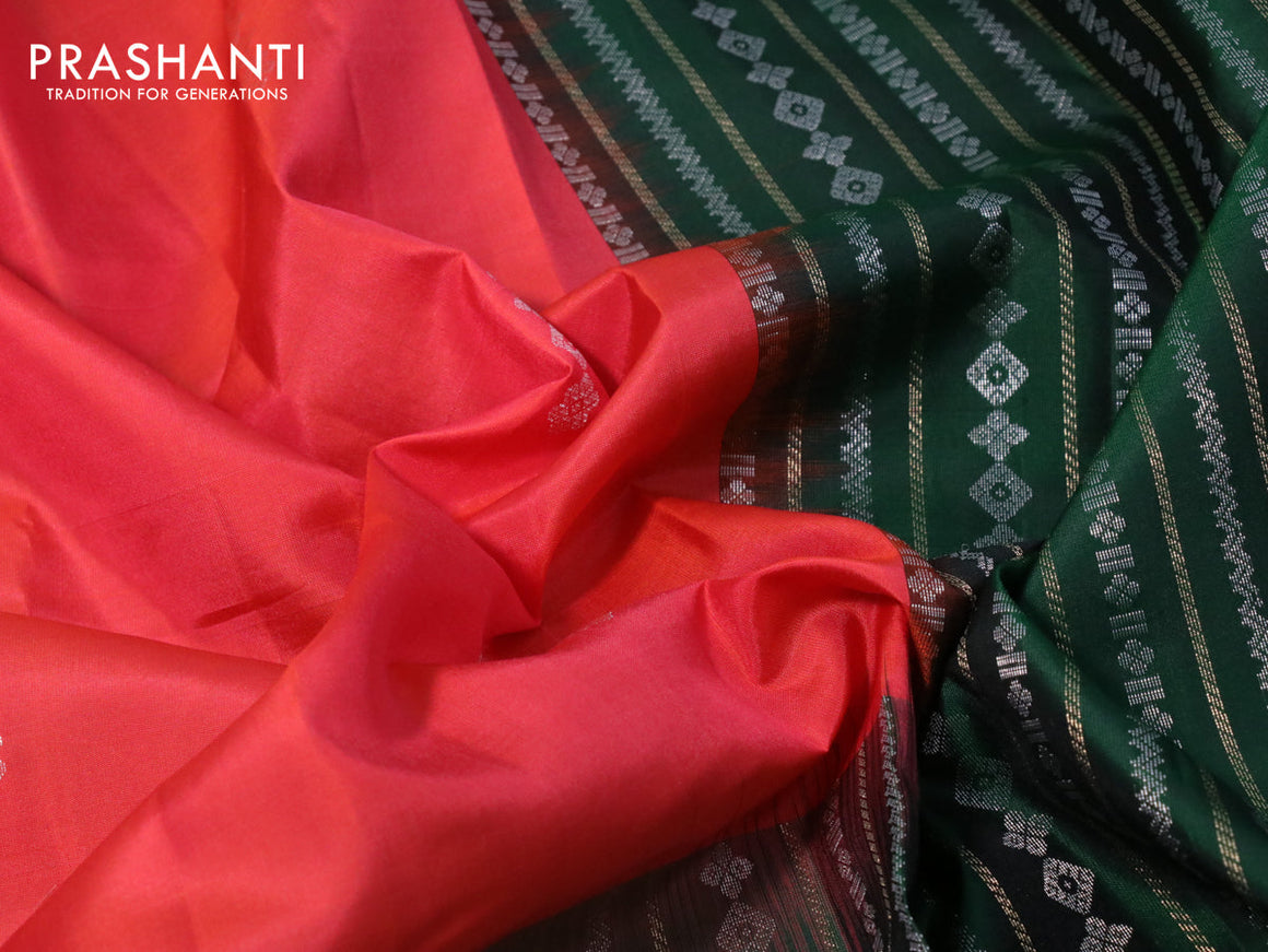 Pure soft silk saree pinkish orange and dark green with zari woven buttas and long zari woven border