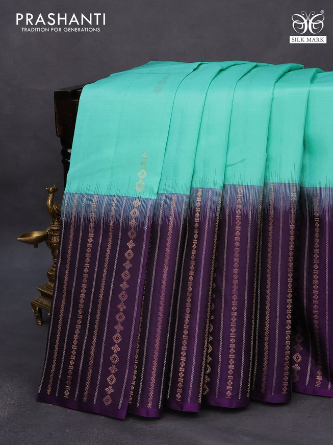 Pure soft silk saree teal blue shade and violet with zari woven buttas and long zari woven border