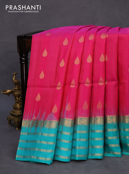 Pure soft silk saree pink and teal blue with allover zari weaves and zari woven border