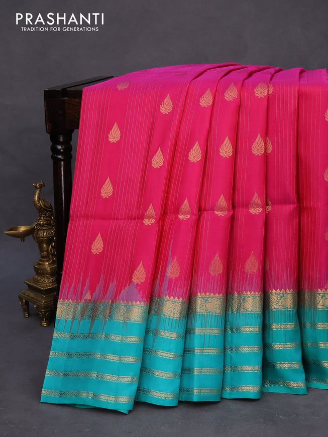 Pure soft silk saree pink and teal blue with allover zari weaves and zari woven border