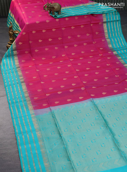 Pure soft silk saree pink and teal blue with allover zari weaves and zari woven border