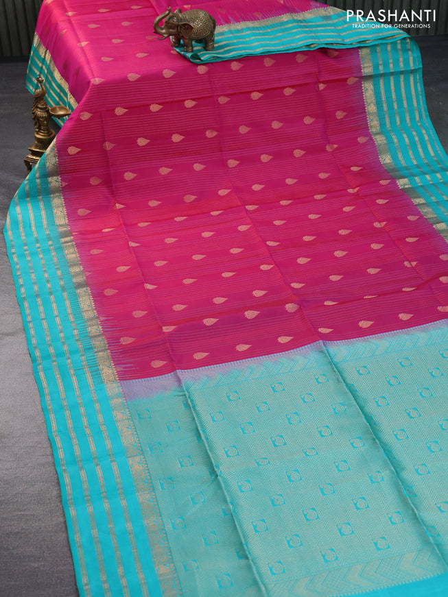 Pure soft silk saree pink and teal blue with allover zari weaves and zari woven border