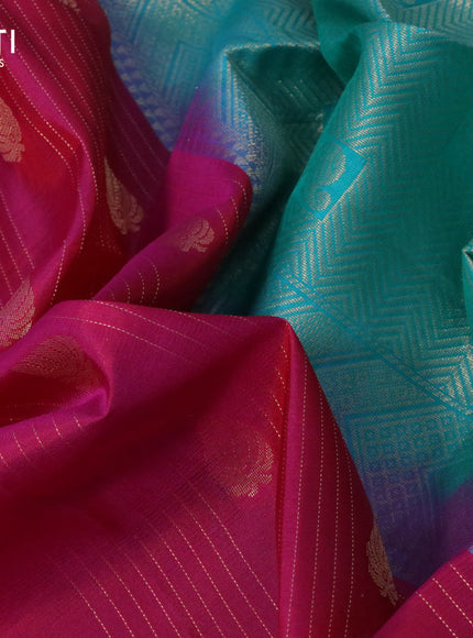 Pure soft silk saree pink and teal blue with allover zari weaves and zari woven border