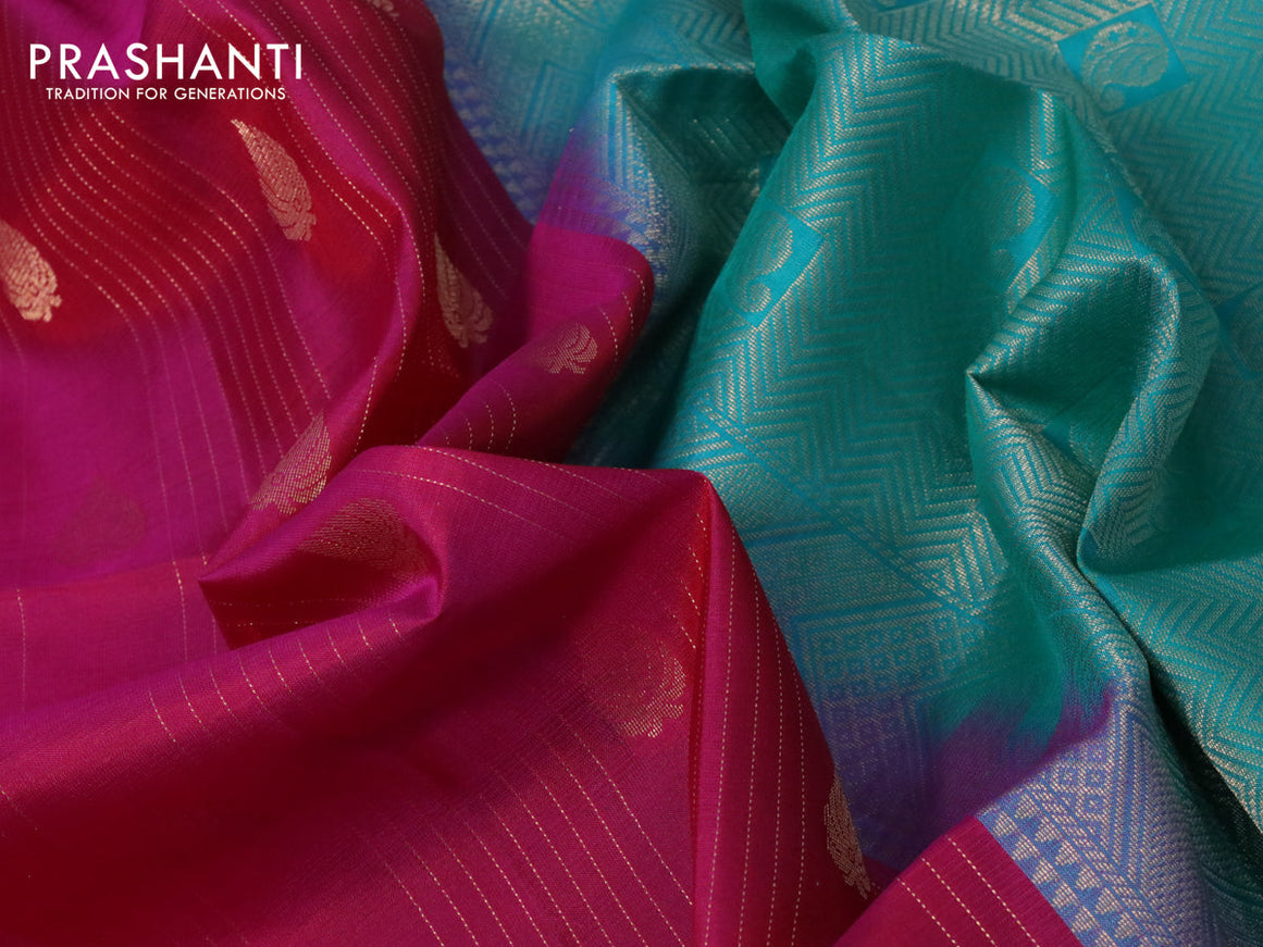 Pure soft silk saree pink and teal blue with allover zari weaves and zari woven border