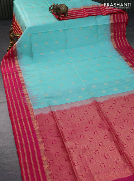 Pure soft silk saree teal blue and pink with allover zari weaves and zari woven border