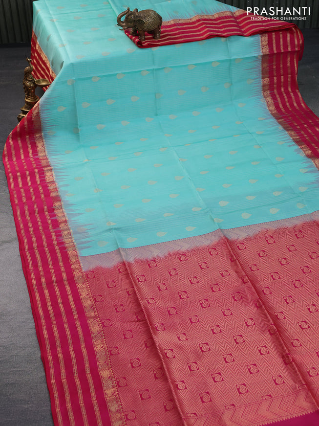 Pure soft silk saree teal blue and pink with allover zari weaves and zari woven border