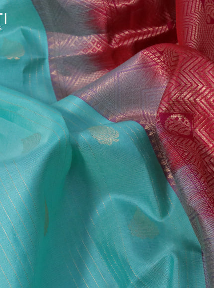 Pure soft silk saree teal blue and pink with allover zari weaves and zari woven border