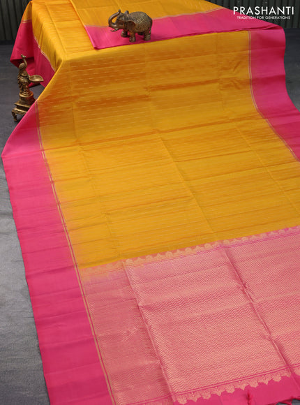 Pure soft silk saree mustard yellow and pink with allover zari weaves and zari woven simple border