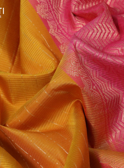 Pure soft silk saree mustard yellow and pink with allover zari weaves and zari woven simple border