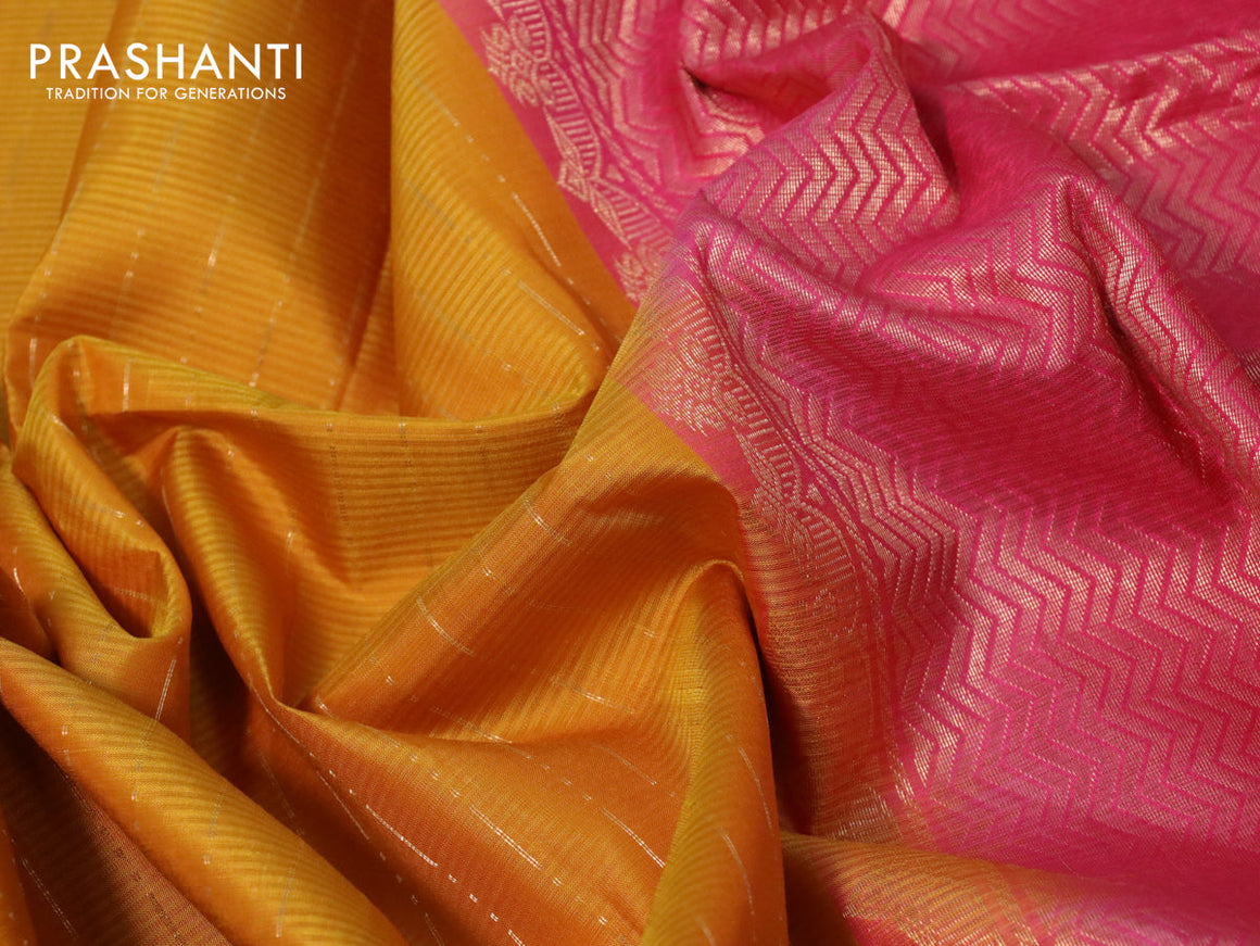 Pure soft silk saree mustard yellow and pink with allover zari weaves and zari woven simple border