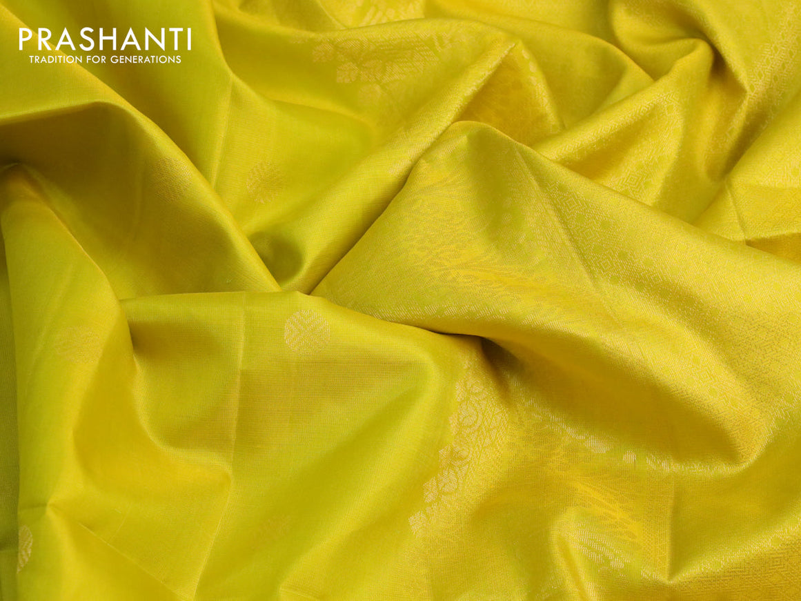 Pure soft silk saree lime yellow with rudhraksha zari woven buttas and zari woven simple border