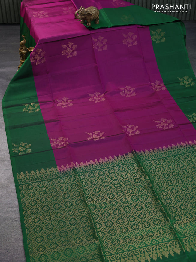 Pure soft silk saree purple and green with zari woven butterfly buttas and zari woven butta border