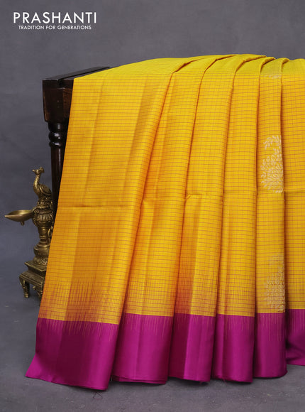 Pure soft silk saree mustard yellow and purple with allover checked pattern & silver zari woven buttas and simple border