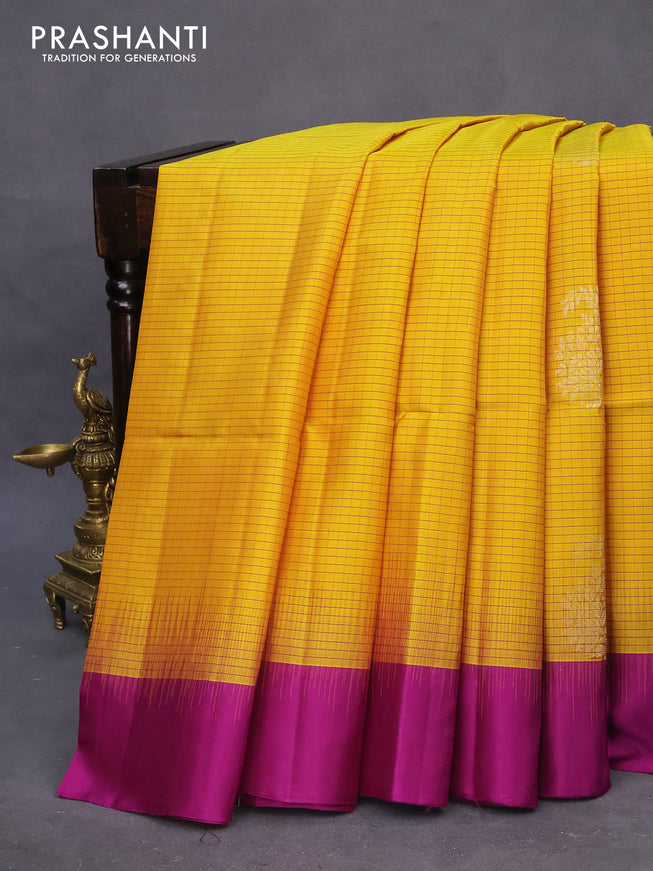 Pure soft silk saree mustard yellow and purple with allover checked pattern & silver zari woven buttas and simple border