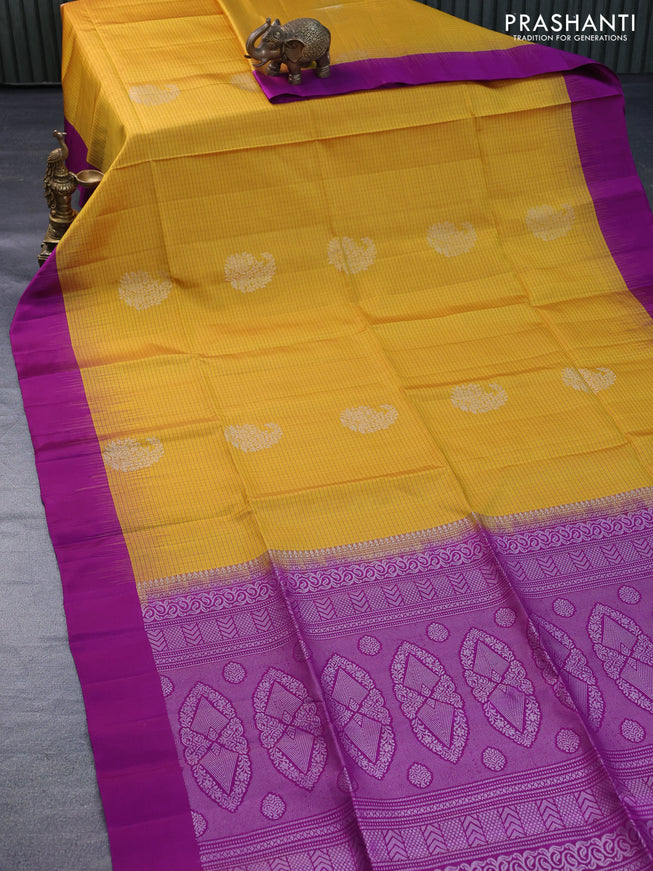 Pure soft silk saree mustard yellow and purple with allover checked pattern & silver zari woven buttas and simple border