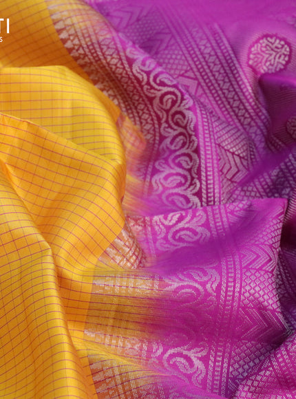 Pure soft silk saree mustard yellow and purple with allover checked pattern & silver zari woven buttas and simple border