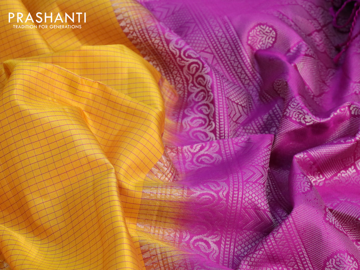 Pure soft silk saree mustard yellow and purple with allover checked pattern & silver zari woven buttas and simple border